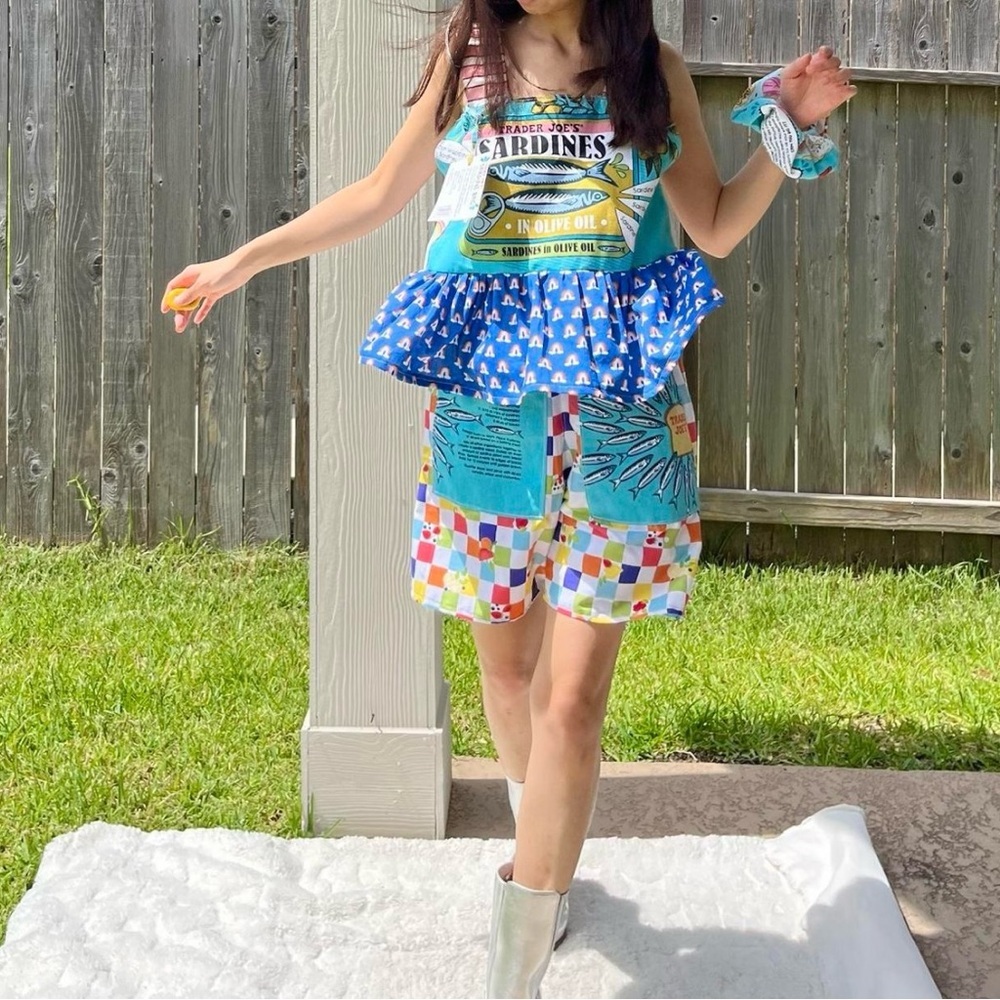 Handmade Top&Shorts Set | Trader Joe’s SKU 06226 Sardine Fish/Big Pockets - Picture 7 of 8